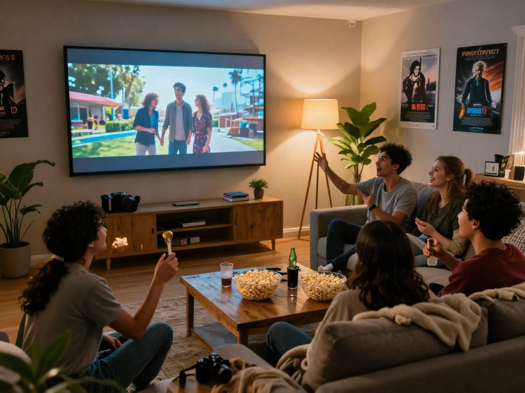 Enjoying a movie night with friends using Moviebox app for streaming