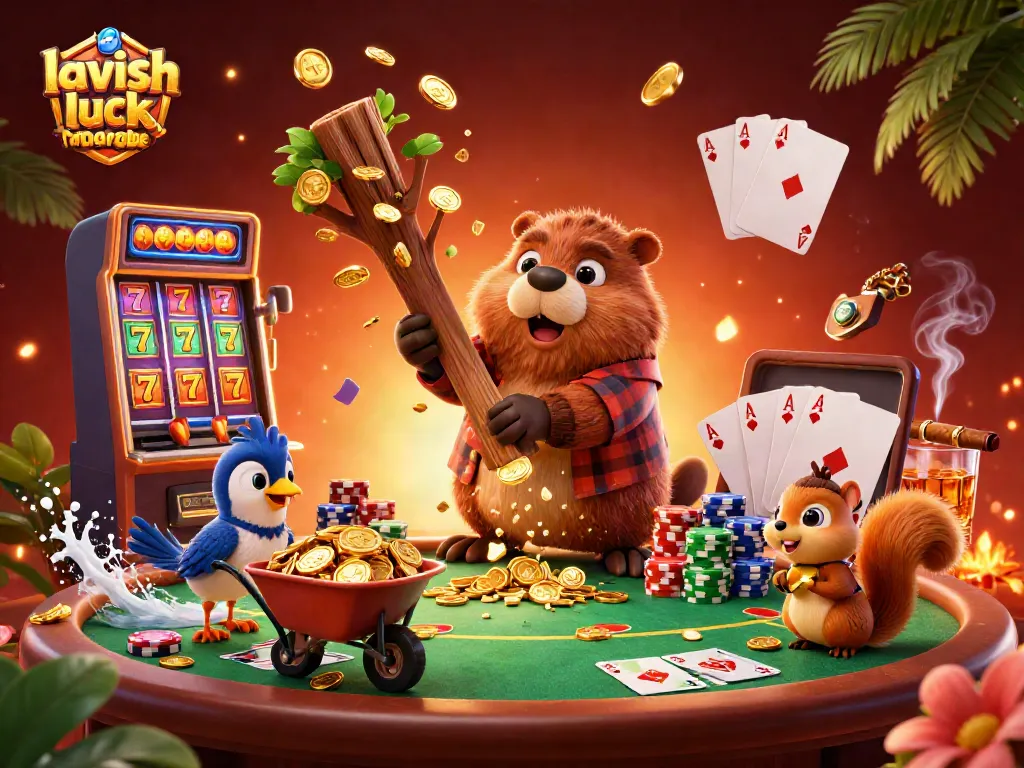 Play with the lavish luck reward code in a vibrant casino scene, winning big with coins and jackpots!