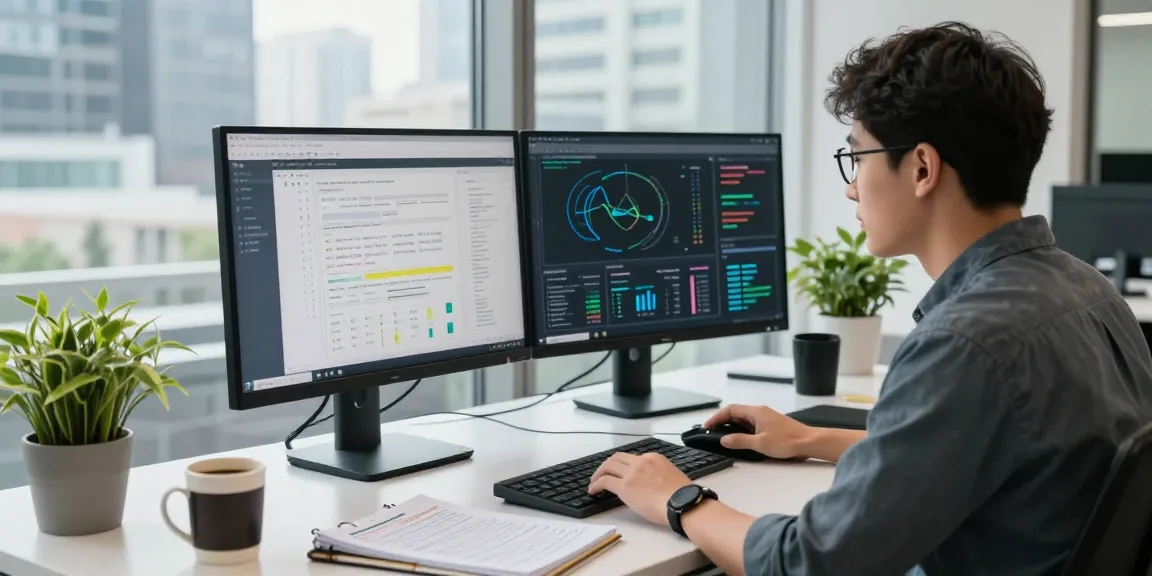 Focused analyst using dual monitors for AI Detection analysis in modern office.