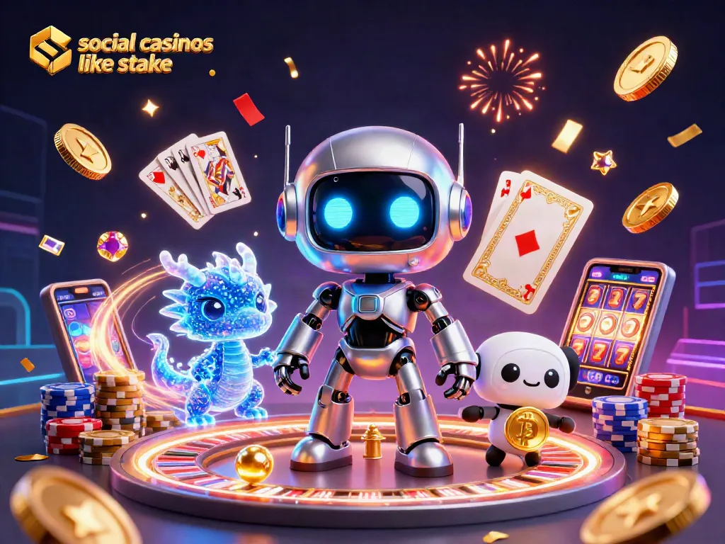 Engage with social casinos like stake through a vibrant 3D casino scene bursting with energy and action.