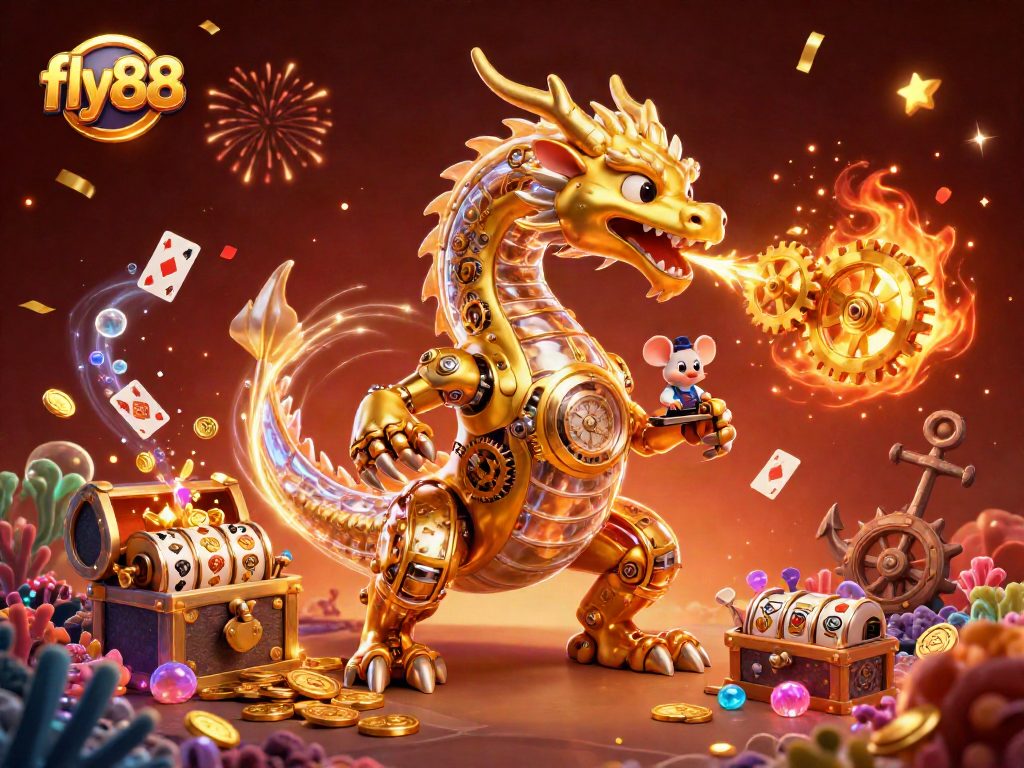 Experience the excitement of fly88 with a dragon amidst a rich casino scene filled with treasures.