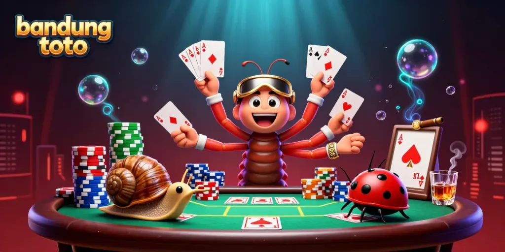 Experience the excitement of bandung toto gaming with vibrant characters and cards in a dynamic casino scene.