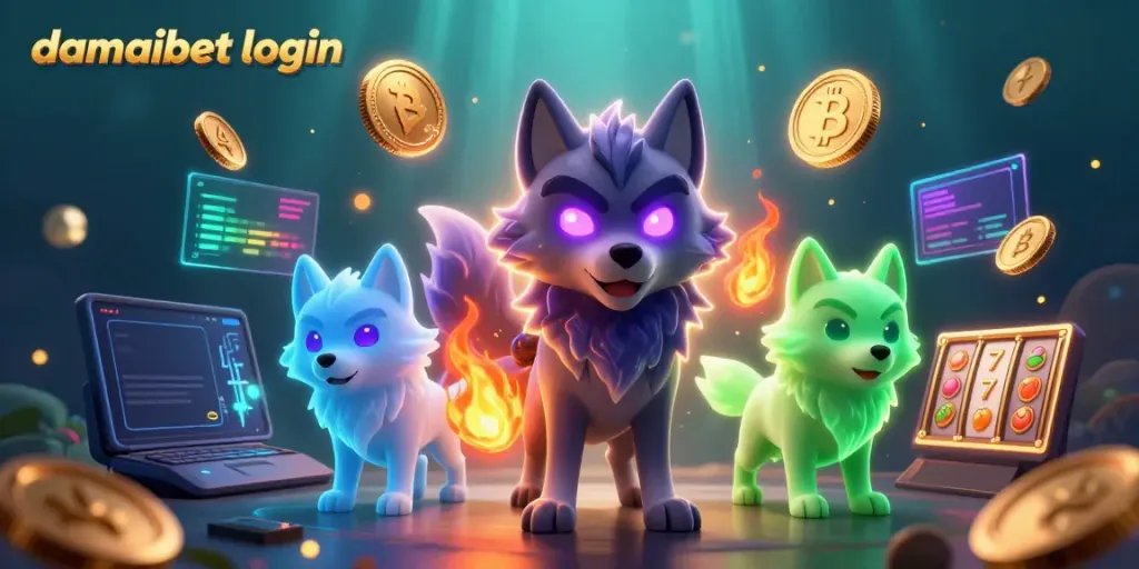 Engage with the damaibet login scene showcasing ghostly wolves and crypto symbols in a high-stakes casino environment.