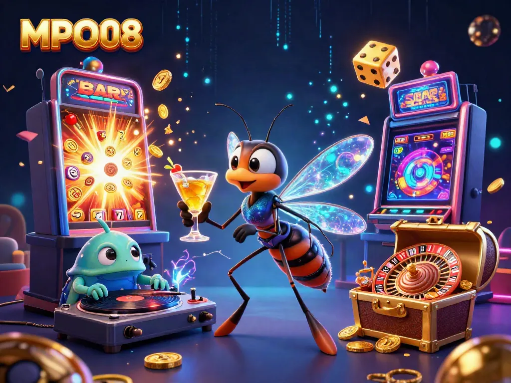Experience the vibrant MPO08 casino world with a dynamic scene featuring unique characters and elements.