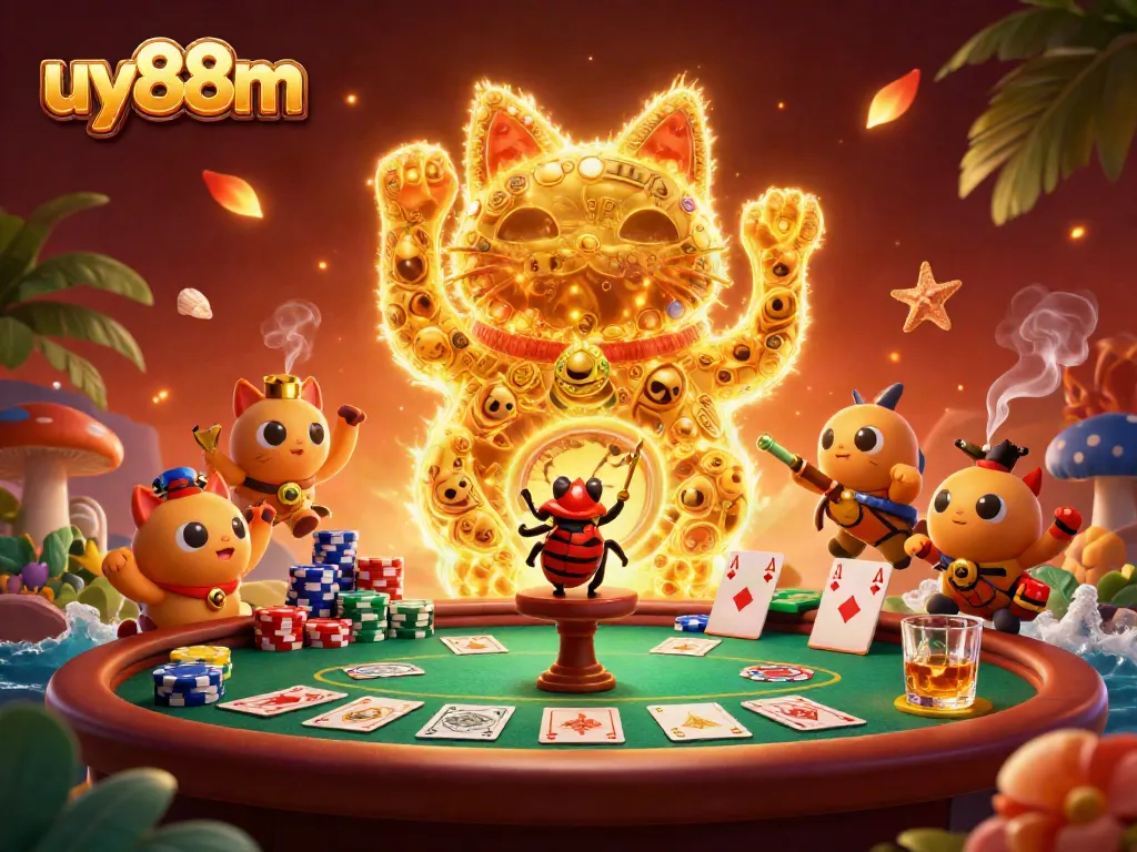 Experience the excitement of uy88m with golden fireflies forming a lucky cat surrounded by vibrant poker elements.