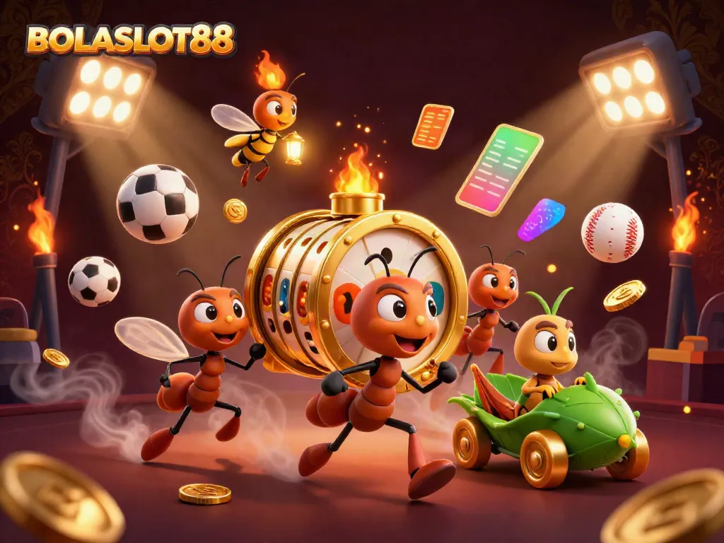 BOLASLOT88 showcases a 3D scene of cartoon ants carrying a giant golden slot reel, capturing the spirit of online gambling action.