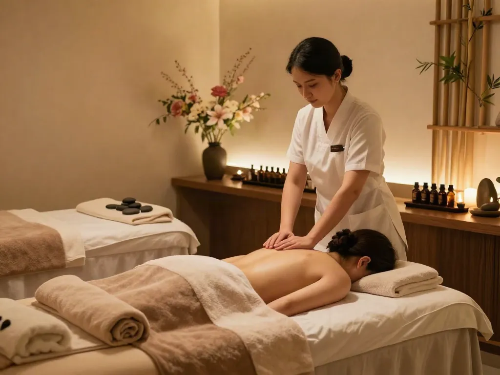 다낭 가라오케 가격에 맞춘 고급 마사지 치료 장면으로, 편안한 분위기와 아로마 테라피가 돋보입니다.