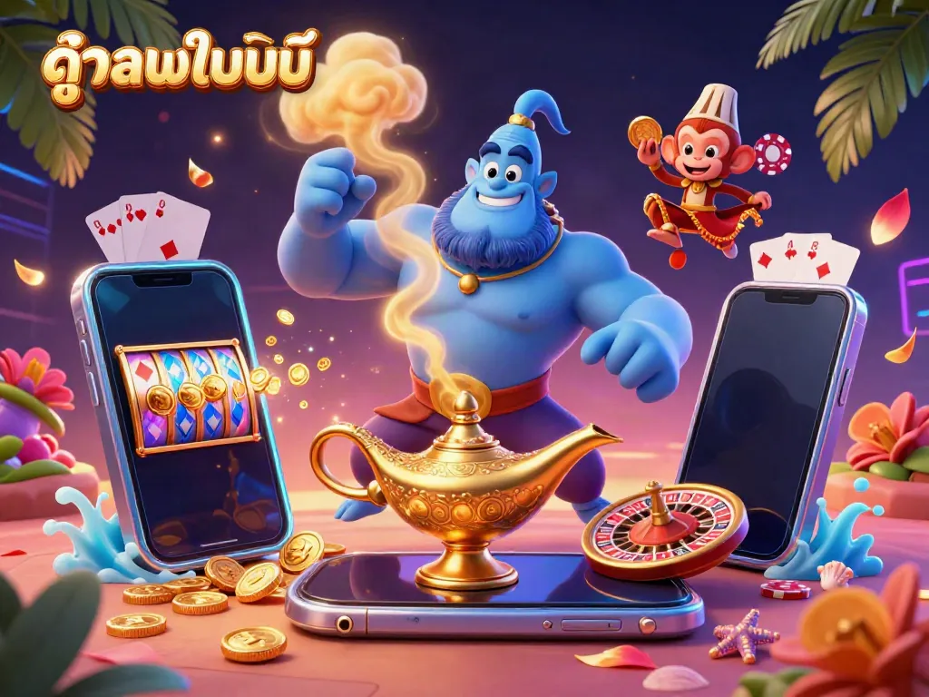 Engage with ดูบอลออนไลน์ in an illustrated casino adventure scene featuring vibrant characters, casino elements, and dynamic visuals.
