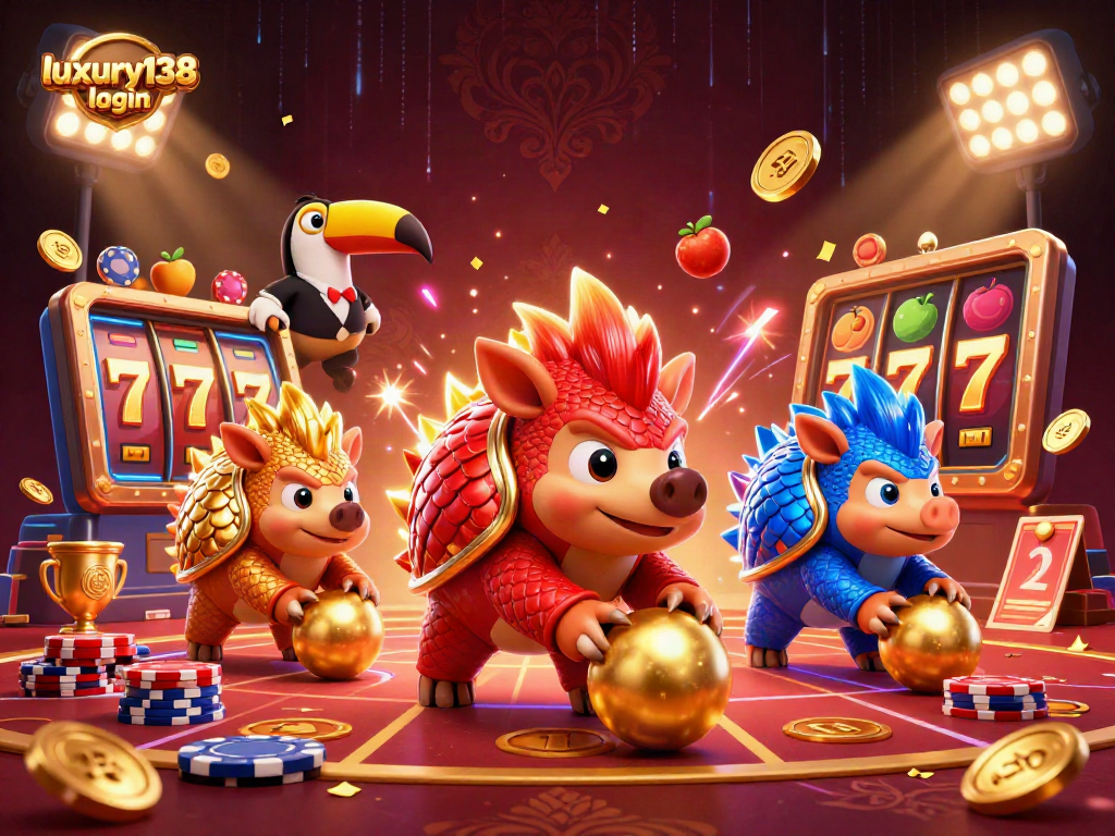Login luxury138 dengan pangolin dan elemen casino yang meriah dan dinamis.