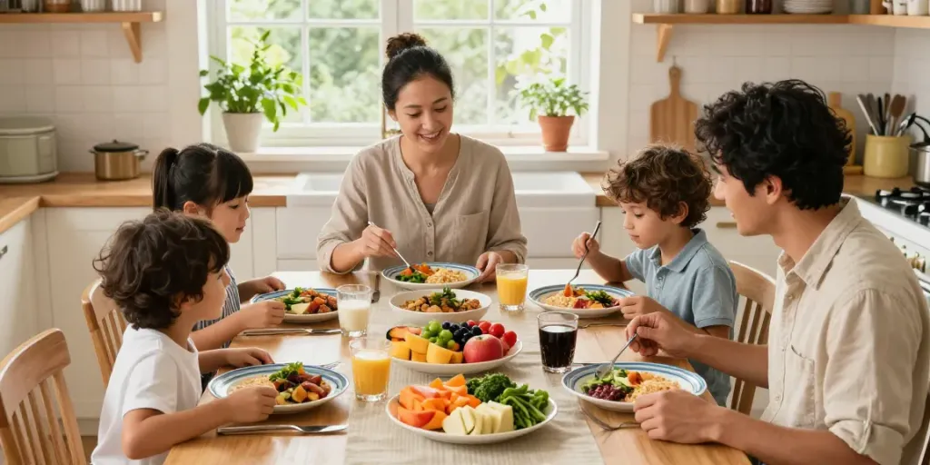 Family enjoying balanced meals using Portion Control Plate in a cozy kitchen