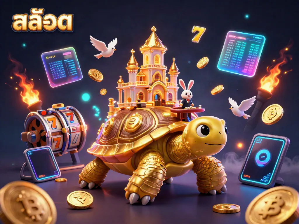 Experience the excitement of สล็อต with a golden tortoise casino illustration featuring slot elements and vibrant coins.
