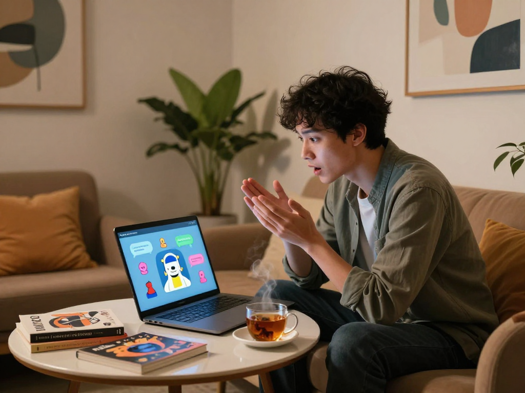 A person engaged in an AI chat NSFW session on a laptop in a cozy lounge, surrounded by books and vibrant decor.
