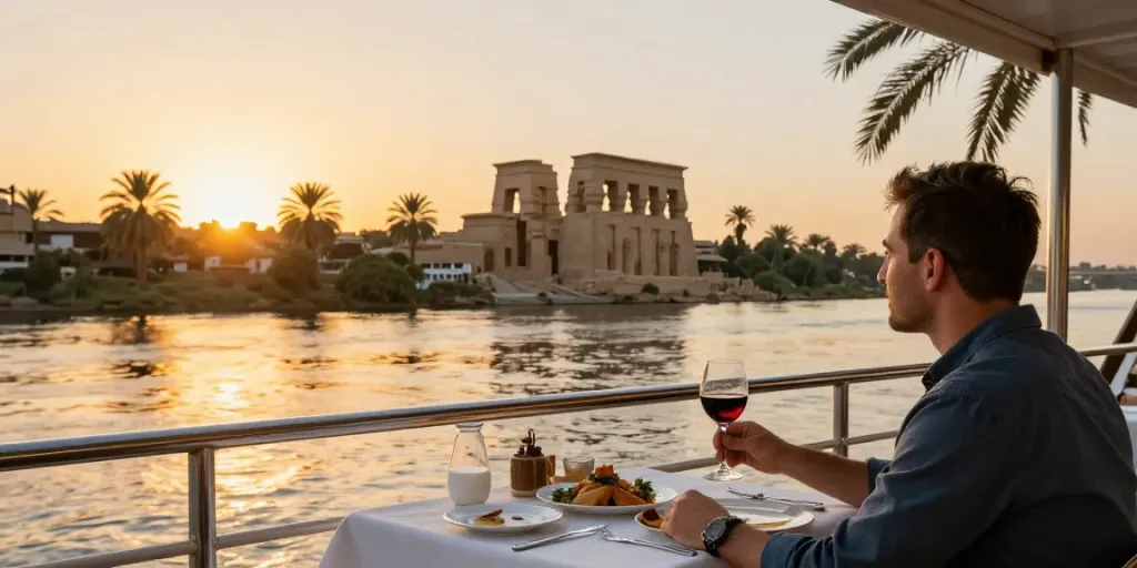 A sunset view of Egypt Nile Cruises with travelers dining on a luxurious boat, surrounded by ancient temples.