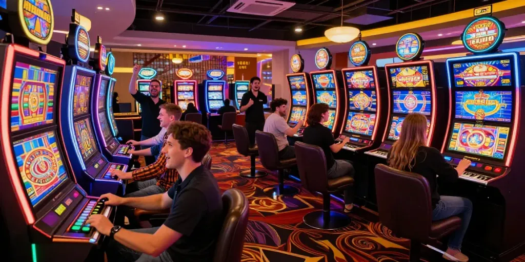 proplay88 engaging slot online gaming atmosphere with players enjoying interactive machines.
