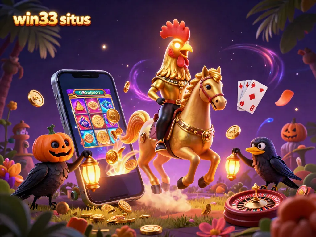 Engage in exciting gameplay at win33 situs featuring a golden rooster and crow companions in a magical casino.