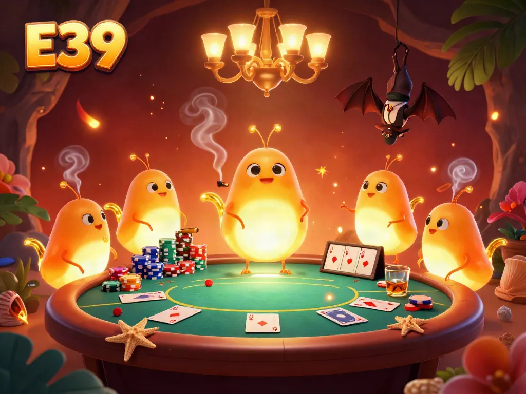 E39 shines in a vibrant casino scene with glowworms and a bat dealer amidst lively poker action.