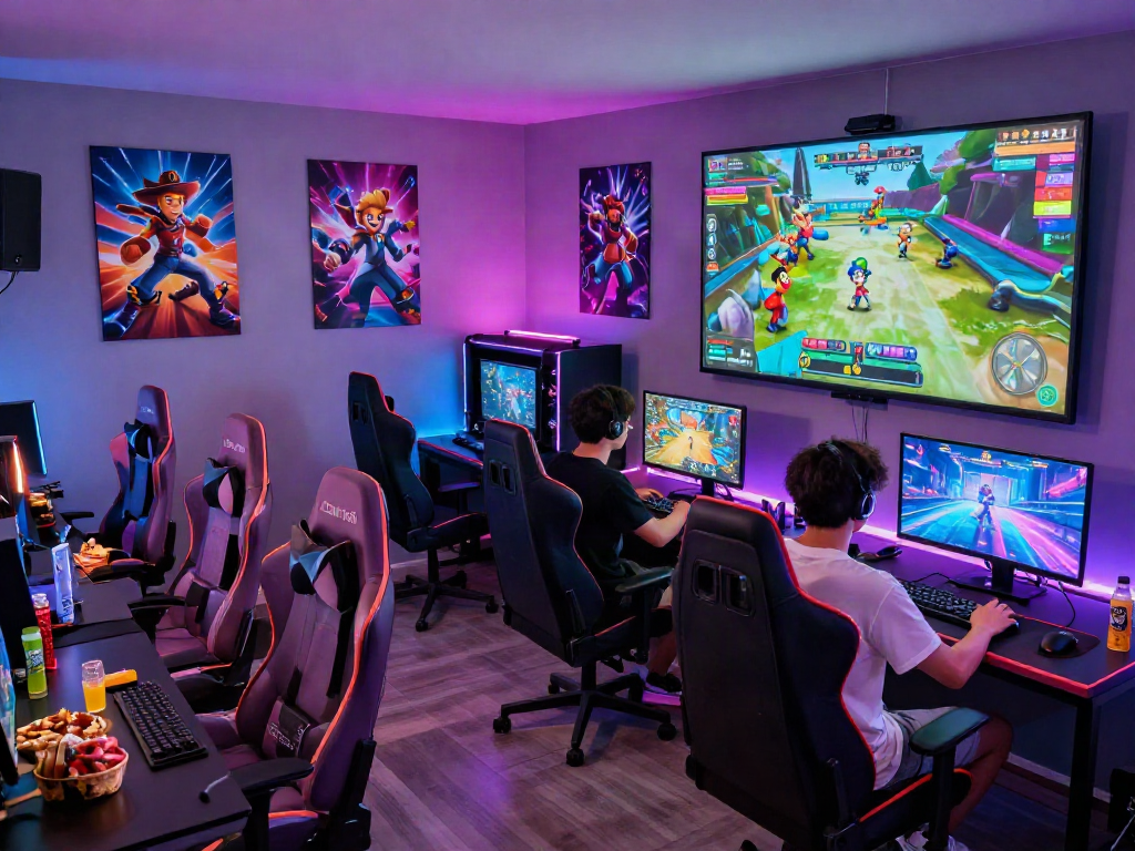 Interactive porngames scene showcasing friends enjoying gaming together in a vibrant setting.