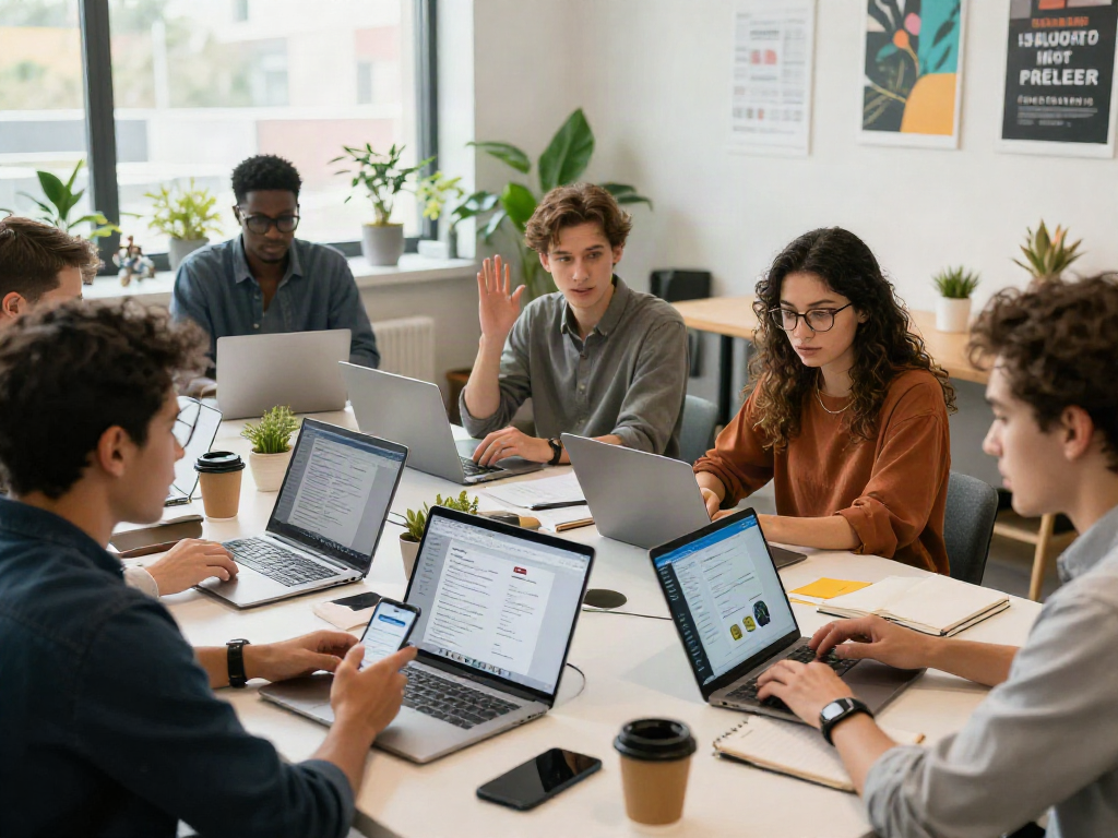 Collaborative job search scene with professionals discussing strategies to หางาน effectively.
