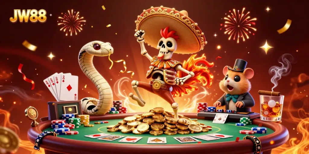 Celebrate wins at JW88 with a festive 3D illustration featuring dynamic characters and vivid casino elements.