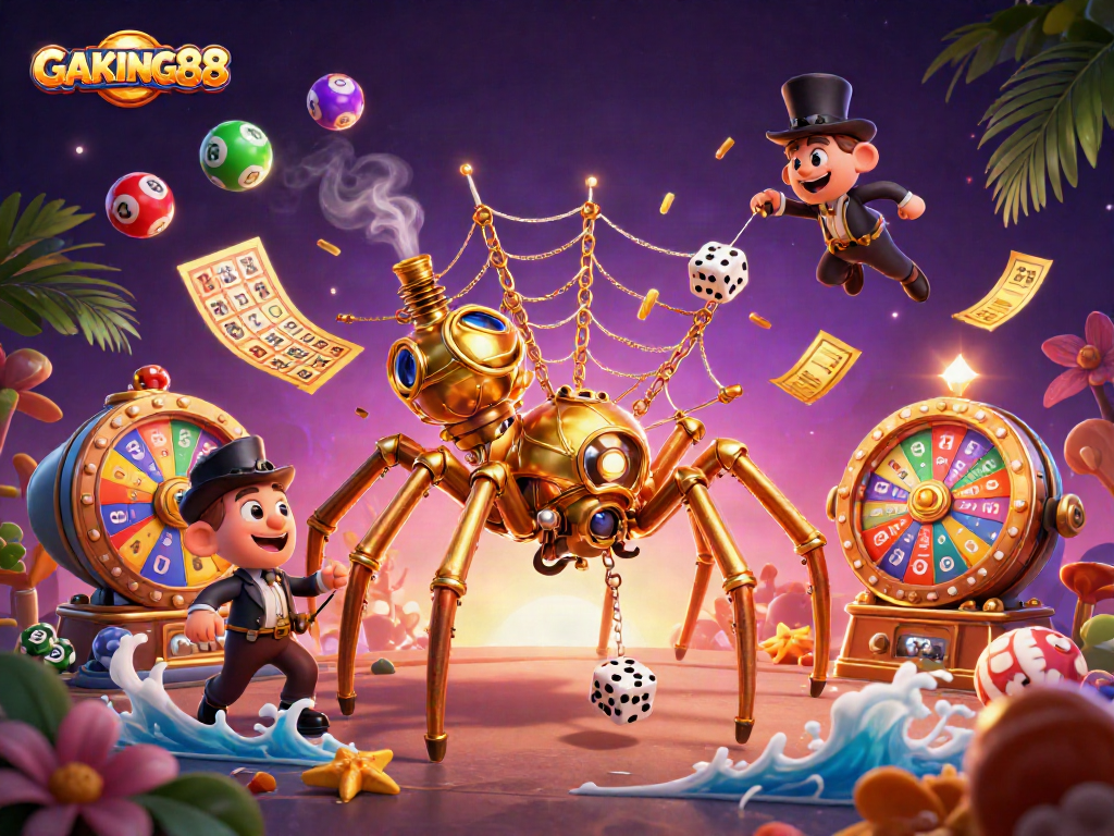 Experience thrilling gameplay with GAKING88's rich casino atmosphere, featuring a steampunk spider.