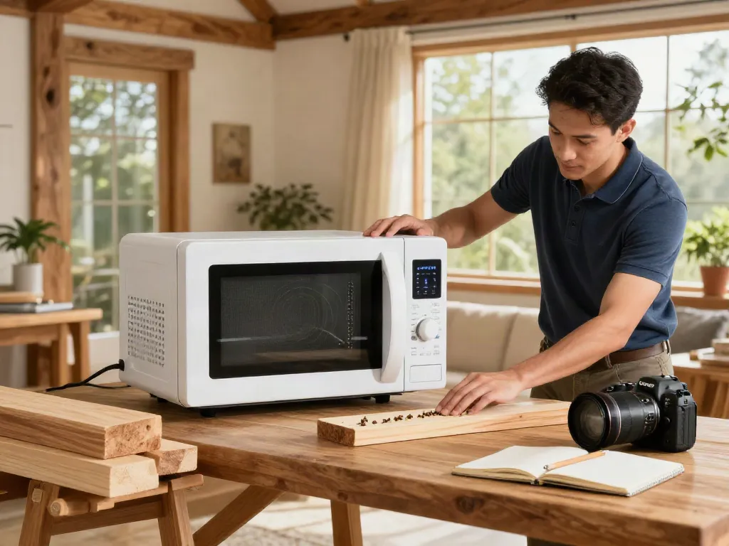 SHASHEL® microwave equipment treating wood to eliminate insects in a bright home setting.