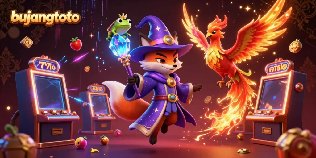 Join the excitement at Bujangtoto with a dazzling illustration of a magical casino scene featuring vibrant slot machines and enchanting characters.