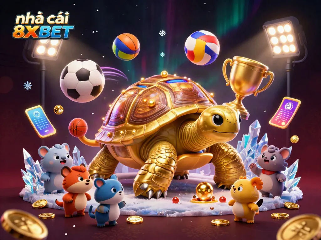 Engage with nhà cái 8XBET in an energetic casino scene featuring golden elements and vibrant sports activity.
