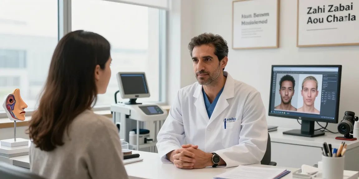 Dr. Zahi Abou Chacra discussing rhinoplasty with a patient in a modern medical office.