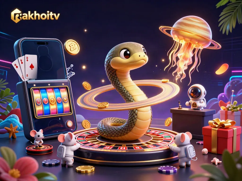 Experience thrilling gameplay with rakhoitv as astronaut mice bet on a roulette wheel formed by Saturn's rings.