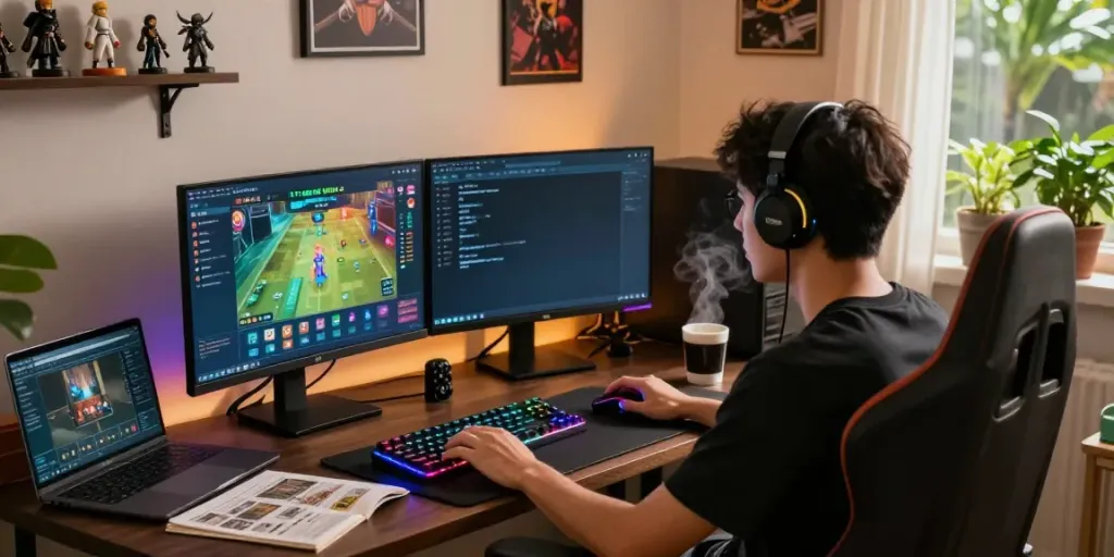 Togel online gaming setup featuring dual monitors and gaming accessories in cozy home.