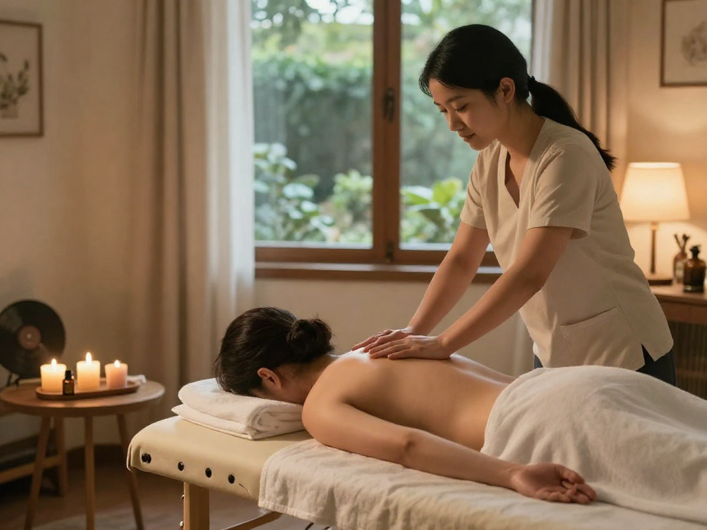 마포출장안마 in a serene home-setting massage scene with calming elements.