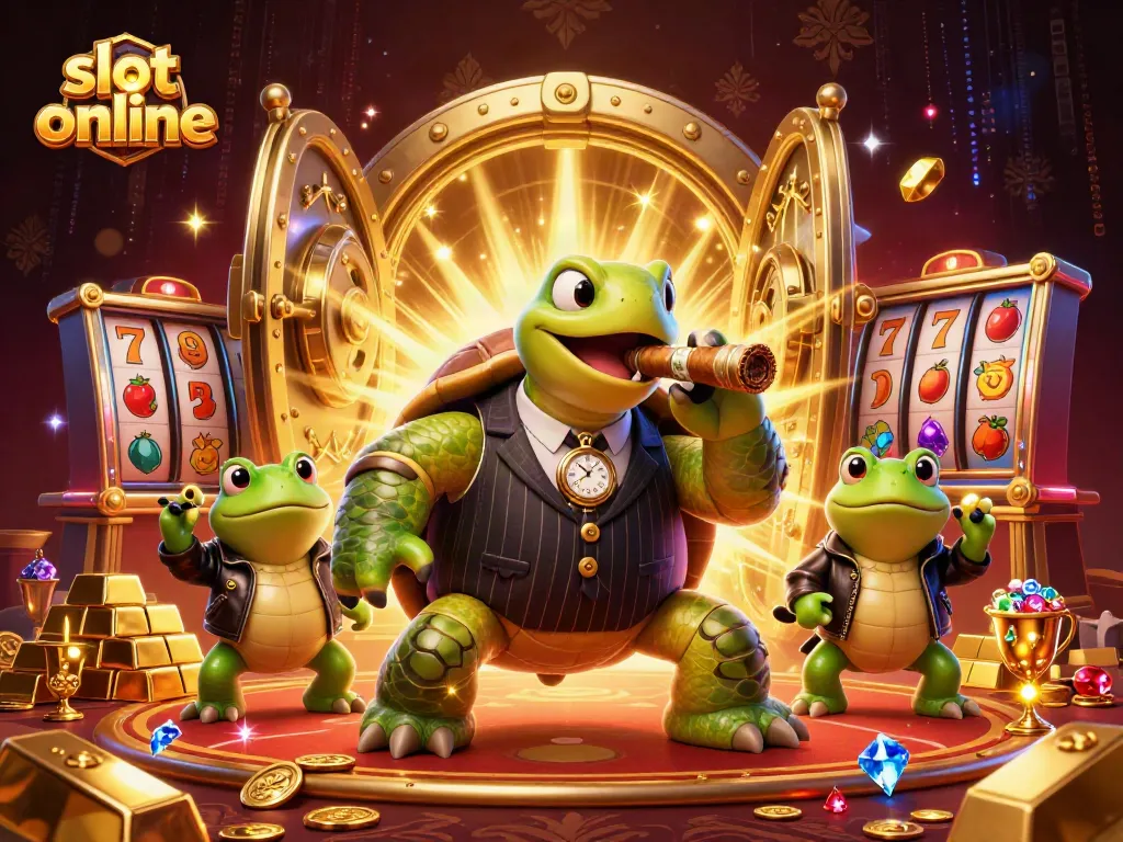 Experience the thrill of slot online with a 3D cartoon turtle and bullfrog enforcers in a dynamic casino scene.