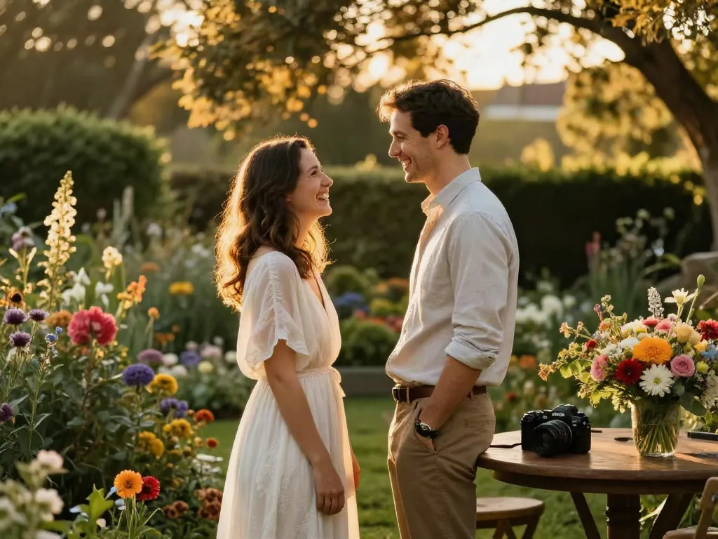 Dunedin wedding photographer capturing a couple's joyful moment in a vibrant garden during golden hour.