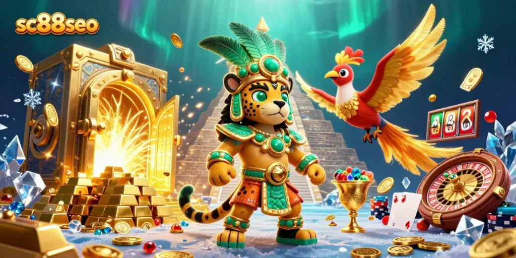 Experience thrilling gameplay at sc88seo with a vibrant Mayan casino illustration featuring jewels, cards, and more.
