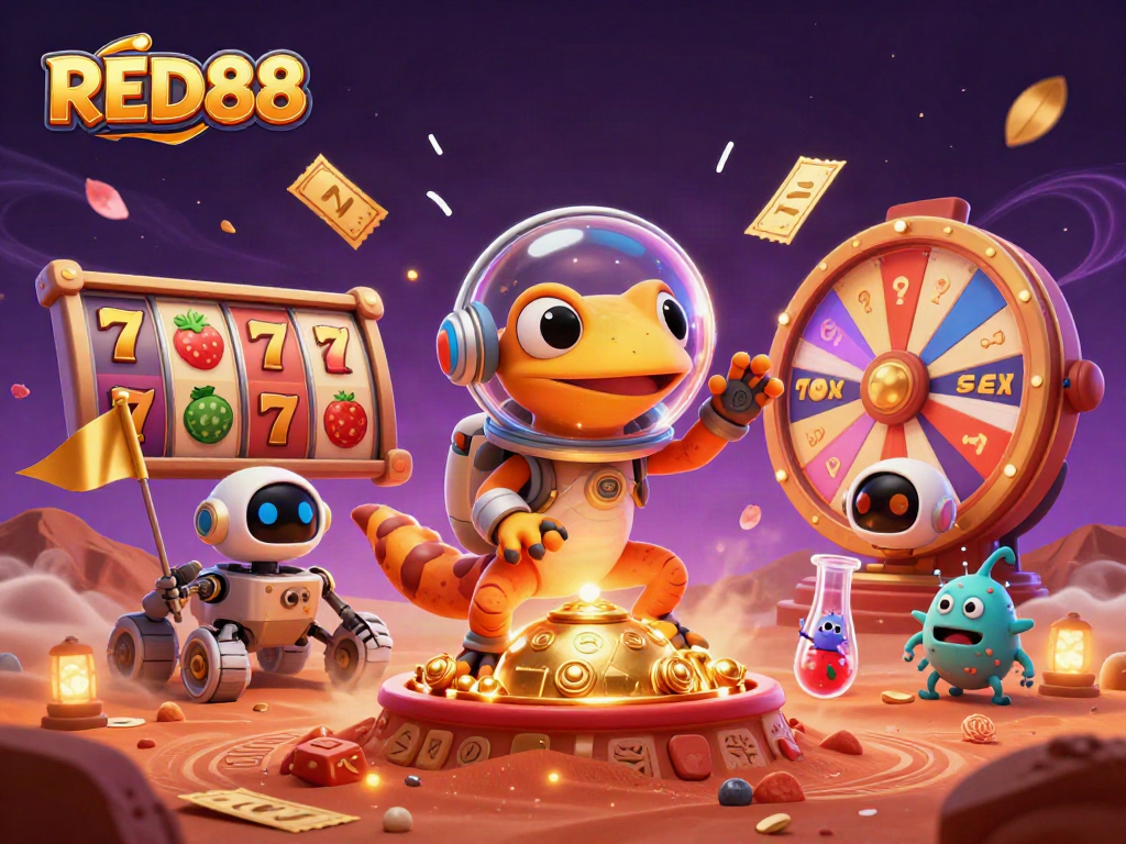 Experience the excitement at RED88's golden casino with vibrant slot reels and dynamic gaming elements.