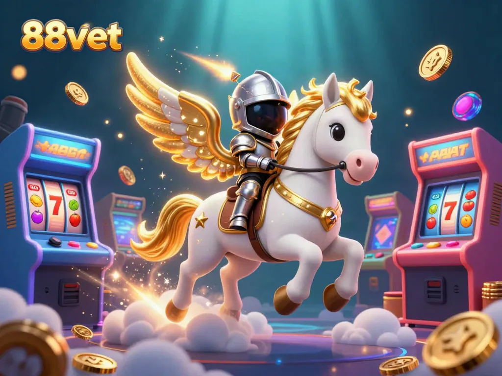 Experience the thrill of 88vbet with a celestial scene featuring a knight on a horse surrounded by casino elements.