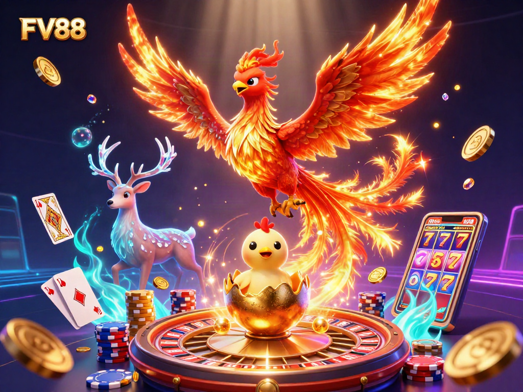 Experience FV88's vibrant 3D illustration with mystical phoenixes and casino excitement in action.