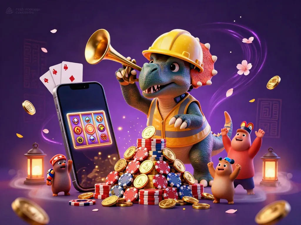 Experience excitement at real money casinos with cartoon dinosaurs celebrating a thrilling gambling scene.