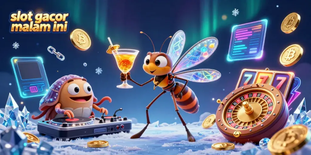 Experience the thrill of slot gacor malam ini with a dynamic 3D casino scene featuring intricate characters and lively elements.