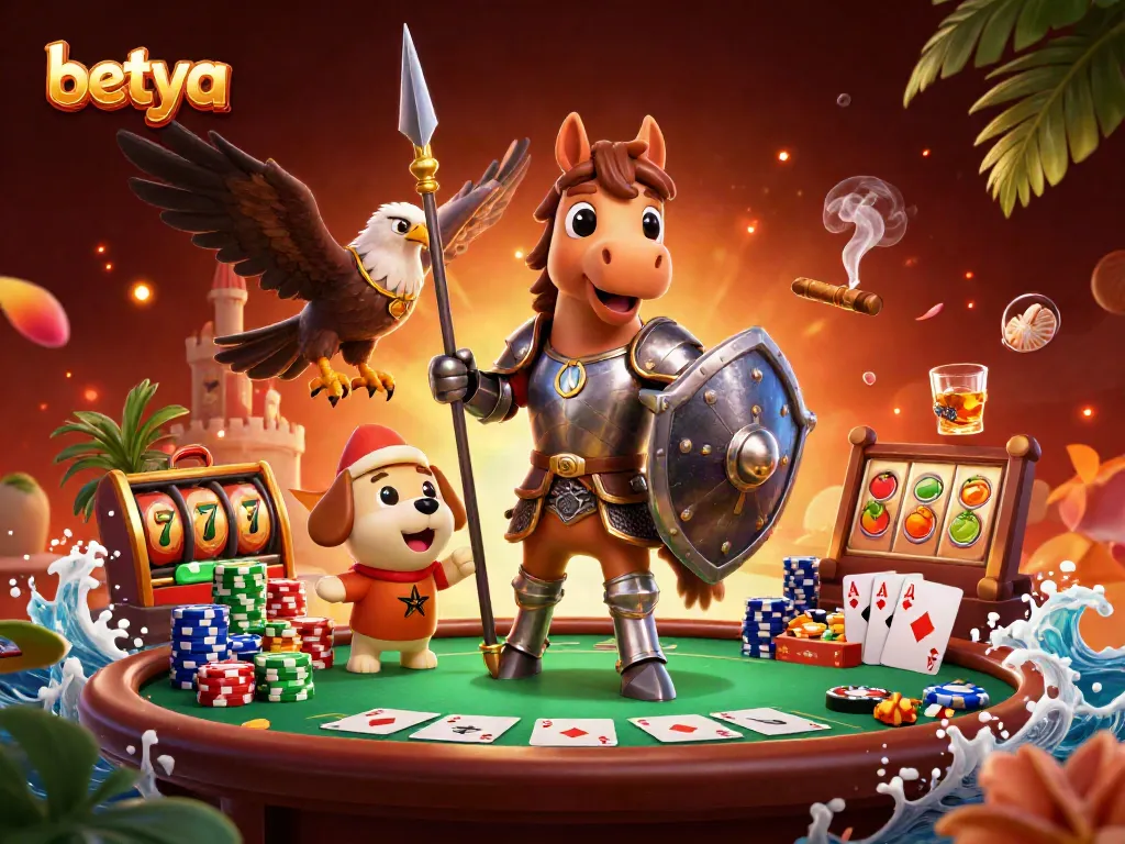 Engage with betya in a vibrant casino scene featuring a medieval knight and playful puppy at a poker table.