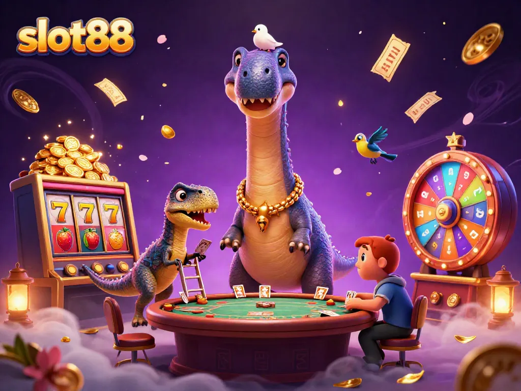 Engage with slot88 as a cartoon brontosaurus oversees a vibrant casino scene filled with lively slot elements.