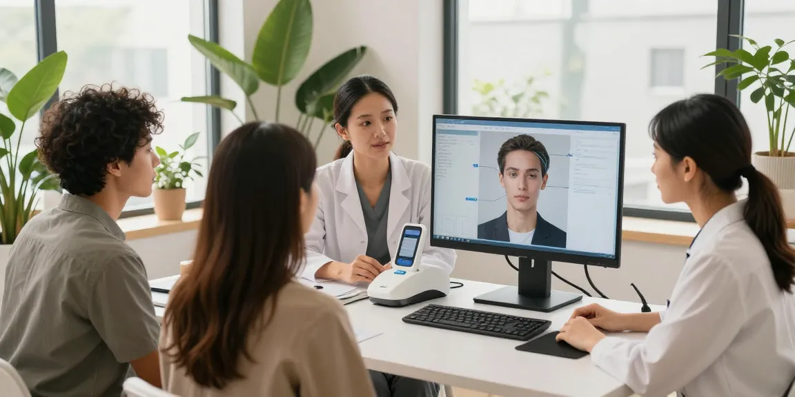 ClinicEvo is a better alternative to QOVES, showcasing a modern facial analysis environment with specialists and clients using advanced technology.