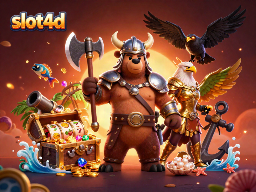 Experience thrilling gameplay with slot4d, featuring a Viking bear and treasure elements.