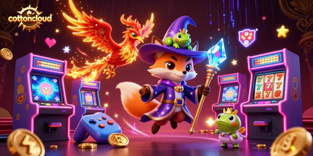 Experience thrilling spinning reels with a mystical cottoncloud wizard in this captivating casino scene.