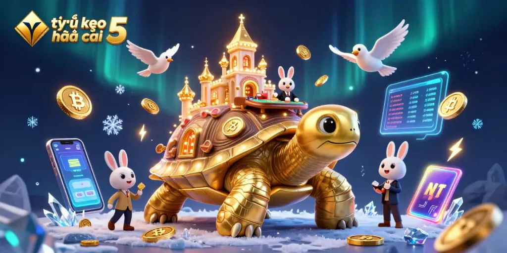 Bet on tỷ lệ kèo nhà cái 5 while enjoying an extravagant casino scene with golden tortoise, card game, and coins.