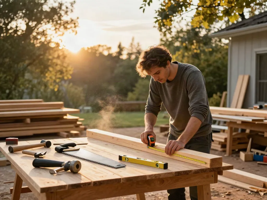 Carpentry Services Sydney showcasing a carpenter measuring wood at a sunny outdoor workshop, highlighting craftsmanship and dedication.