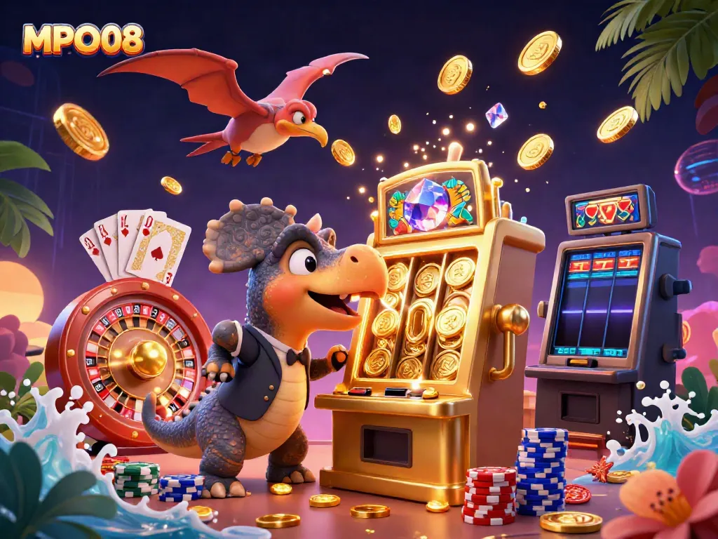 MPO08: Cartoon dinosaur scene with a pachycephalosaurus winning jackpots at a slot machine.
