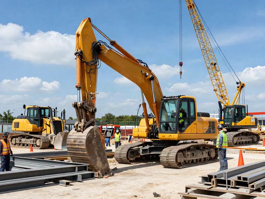 Heavy Machinery Loans empowering a construction worker operating an excavator on site, showcasing bustling activity and machinery.