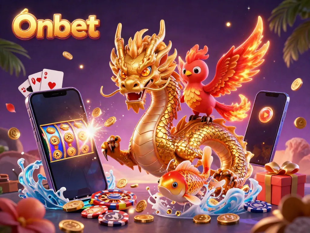 Experience thrilling moments at Onbet with a dragon, phoenix, and koi fish amidst vibrant casino elements.