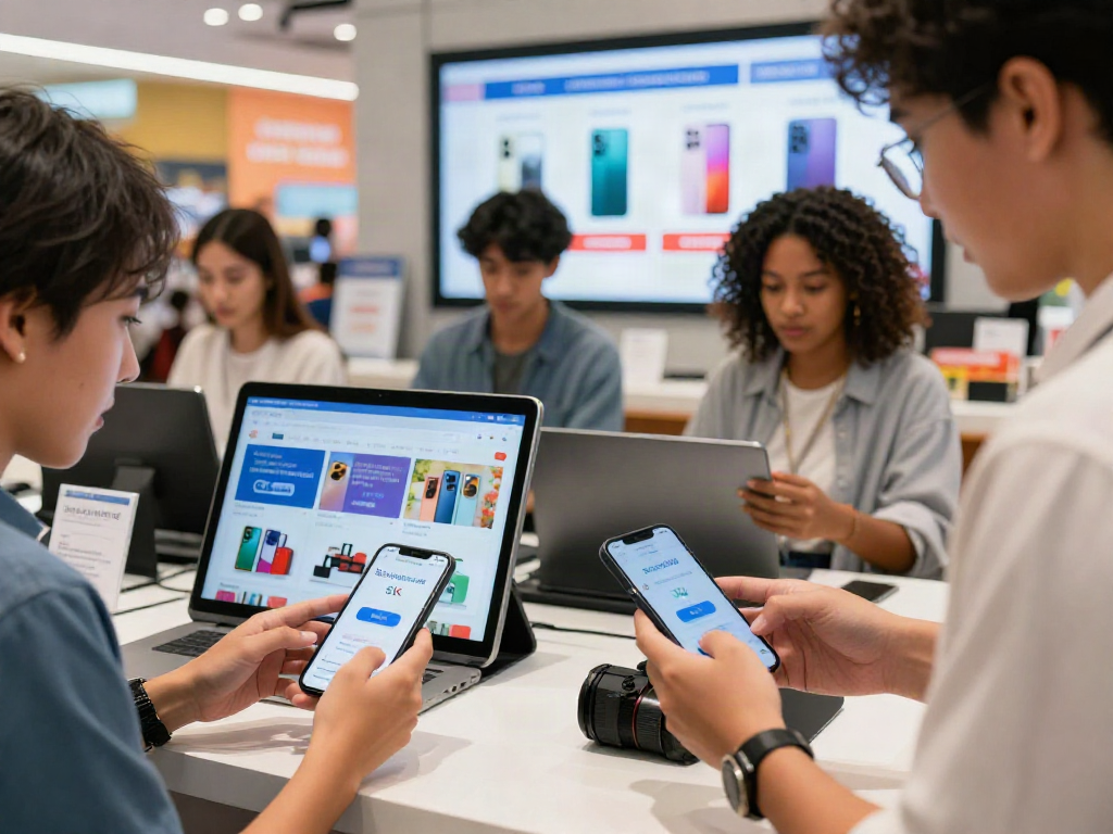 Engaged shoppers making payments with slot qris 5k in a vibrant e-commerce setting